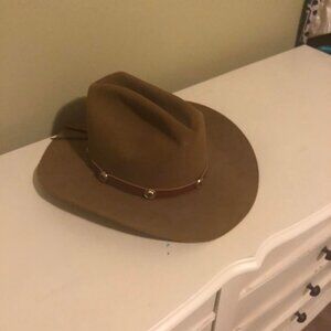 Sheplers Long Oval Tan Bark Felt Hat with Leather Belt and Metal Embellishments